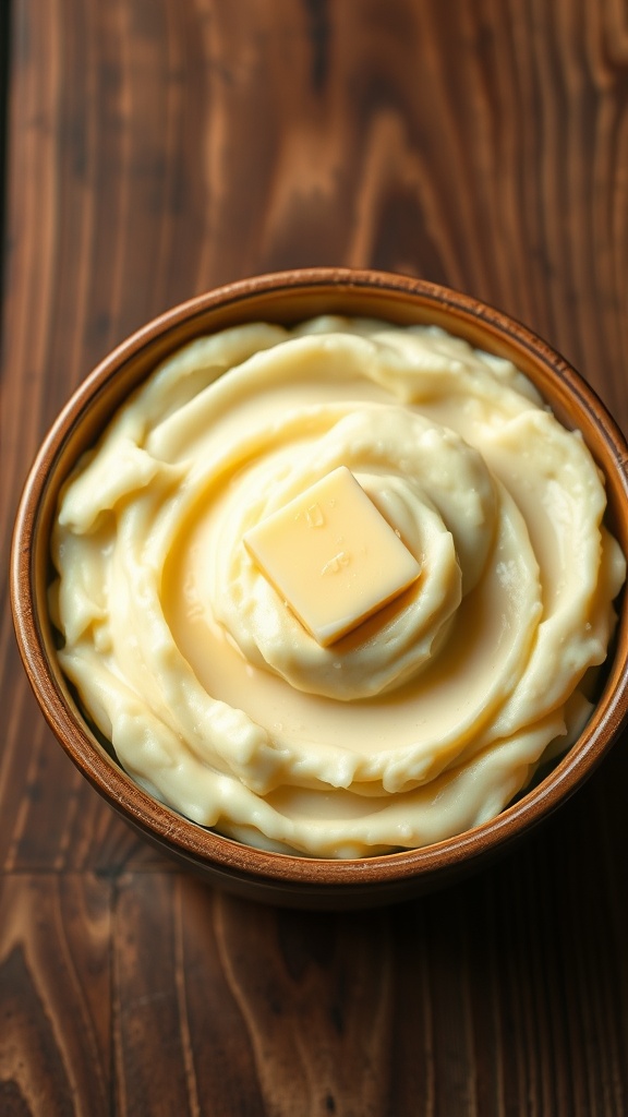 Creamy mashed potatoes in a bowl with a pat of butter on top, rustic wooden table in the background.